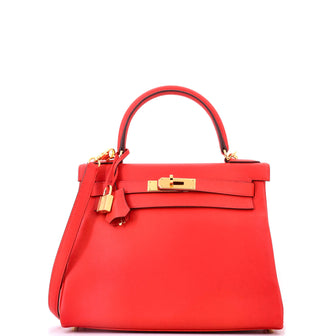 Hermes Kelly Handbag Red Evercolor with Gold Hardware 28