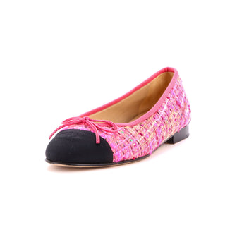 Chanel Women's CC Cap Toe Bow Ballerina Flats Tweed with Grosgrain