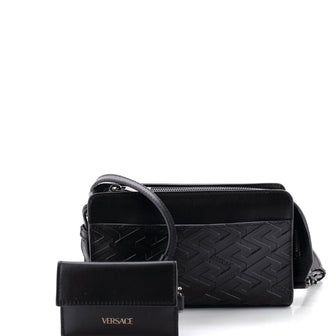 Versace Zip Crossbody Bag La Greca Embossed Leather Small