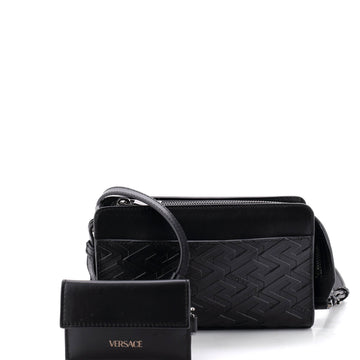 Versace Zip Crossbody Bag La Greca Embossed Leather Small