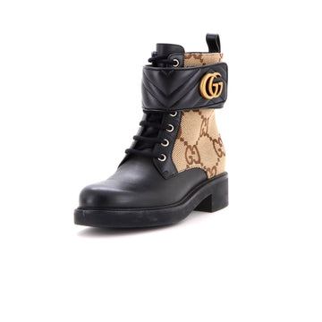 Gucci Women's GG Marmont Lace Up Ankle Boots Jumbo GG Canvas and Leather