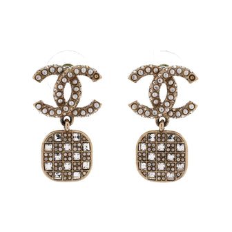Chanel CC Square Drop Earrings Metal with Faux Pearls and Crystals