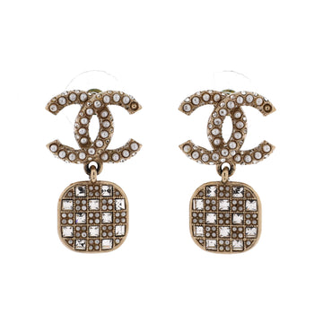 Chanel CC Square Drop Earrings Metal with Faux Pearls and Crystals