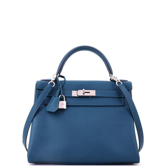 Hermes Kelly Handbag Blue Epsom with Palladium Hardware 28