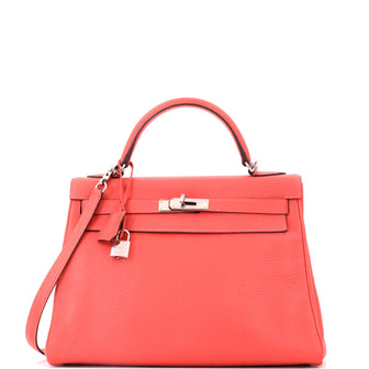 Hermes Kelly Handbag Red Clemence with Palladium Hardware 32