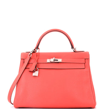 Hermes Kelly Handbag Red Clemence with Palladium Hardware 32