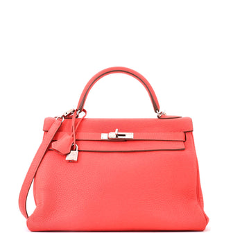 Hermes Kelly Handbag Pink Clemence with Palladium Hardware 32