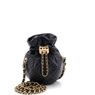 Chanel Drawstring CC Round Bucket Clutch with Chain Quilted Lambskin Mini