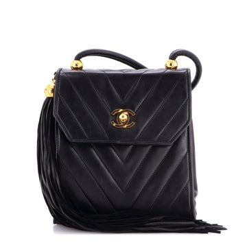 Chanel Vintage CC Tassel Flap Bag Chevron Leather Small