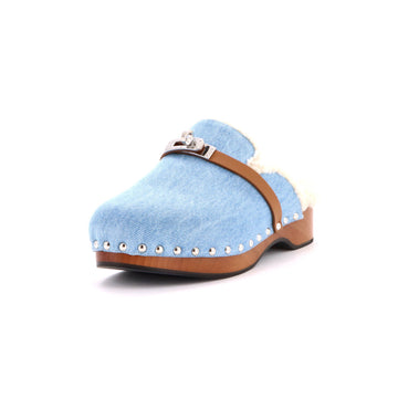 Hermes Women's Carlotta Mules Denim with Shearling