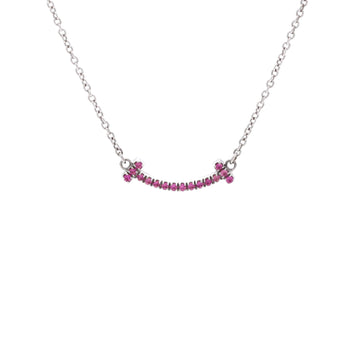 Tiffany & Co. T Smile Pendant Necklace 18K White Gold with Pink Sapphires Mini