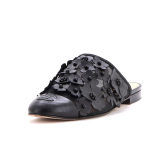Chanel Women's Camellia CC Cap Toe Mules Leather and Mesh with Applique
