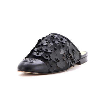 Chanel Women's Camellia CC Cap Toe Mules Leather and Mesh with Applique