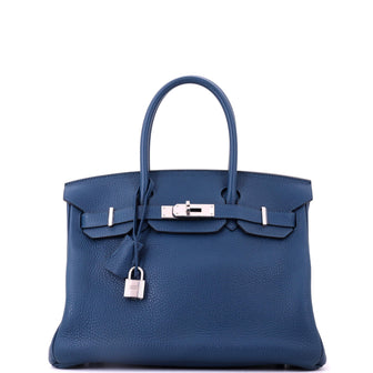 Hermes Birkin Handbag Blue Clemence with Palladium Hardware 30
