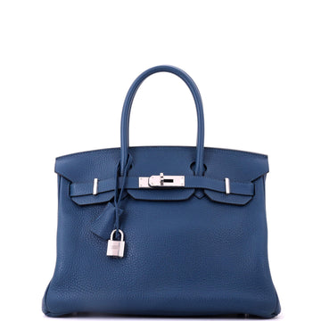 Hermes Birkin Handbag Blue Clemence with Palladium Hardware 30
