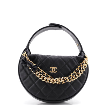 Chanel Double Chain Bow Hobo Pouch Quilted Caviar Mini