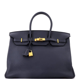 Hermes Birkin Handbag Blue Clemence with Gold Hardware 35