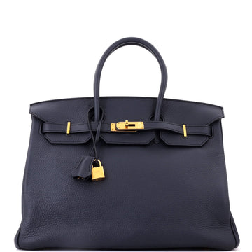 Hermes Birkin Handbag Blue Clemence with Gold Hardware 35
