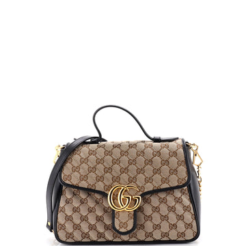 Gucci GG Marmont Top Handle Flap Bag Diagonal Quilted GG Canvas with Leather Small