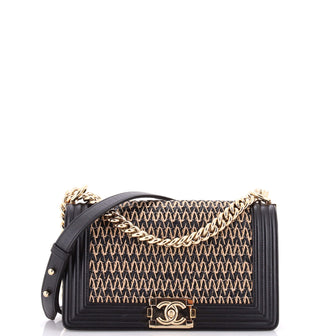 Chanel Boy Flap Bag Chevron Woven Raffia and Leather Old Medium