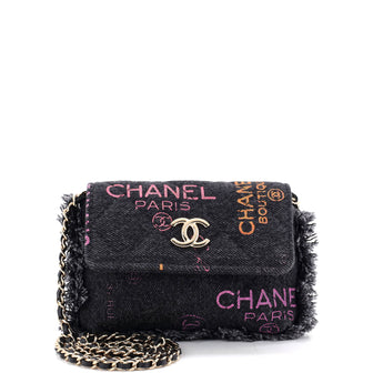 Chanel Denim Mood Flap Clutch with Chain Logo Printed Quilted Fringe Denim