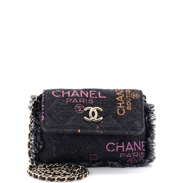 Chanel Denim Mood Flap Clutch with Chain Logo Printed Quilted Fringe Denim