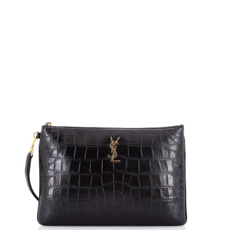 Saint Laurent Classic Monogram Tablet Wristlet Pouch Crocodile Embossed Leather
