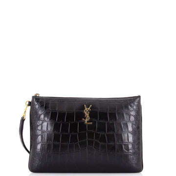 Saint Laurent Classic Monogram Tablet Wristlet Pouch Crocodile Embossed Leather