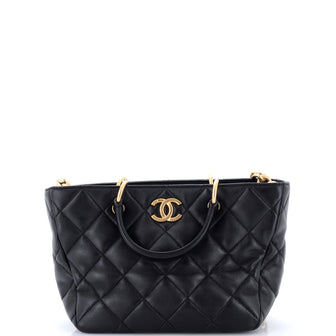 Chanel CC Top Handle Chain Shopping Tote Quilted Lambskin Small