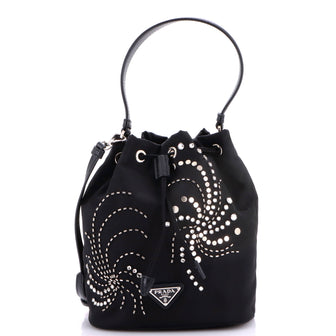 Prada Top Handle Bucket Bag Bead Embellished Re-Nylon Mini