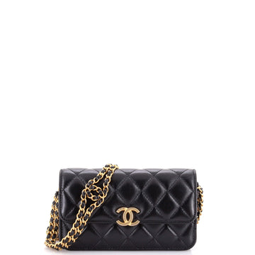 Chanel CC Woven Flap Phone Holder with Chain Quilted Shiny Lambskin