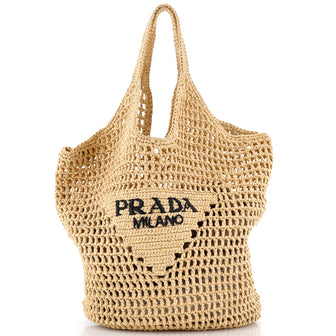Prada Triangle Logo Bucket Tote Raffia Small