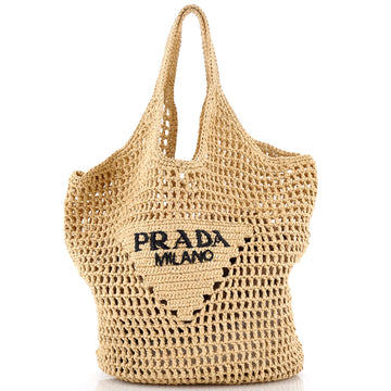 Prada Triangle Logo Bucket Tote Raffia Small