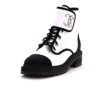 Chanel Women's Chain CC Cap Toe Lace Up Combat Boots Quilted Fabric and Grosgrain