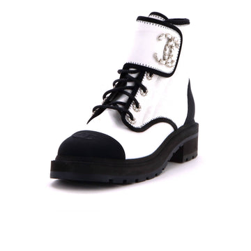 Chanel Women's Chain CC Cap Toe Lace Up Combat Boots Quilted Fabric and Grosgrain