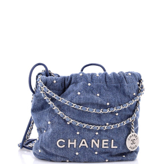 Chanel 22 Chain Hobo Quilted Studded Denim Mini