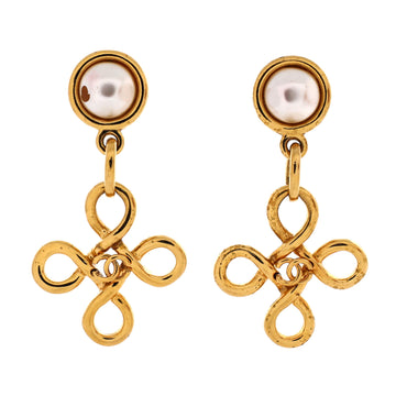 Chanel Vintage CC Cross Dangle Clip-on Earrings Metal with Faux Pearl