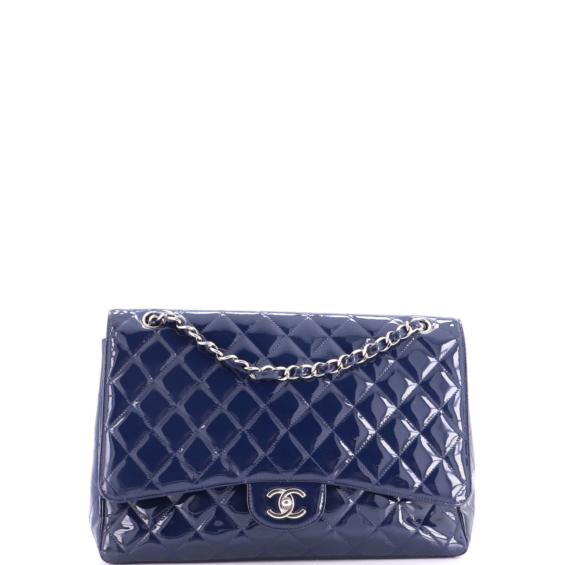 Chanel Classic Double Flap Bag Quilted Patent Jumbo Blue 4403471