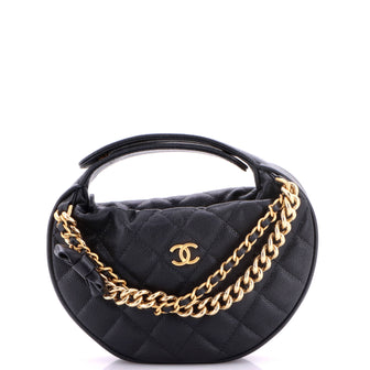 Chanel Double Chain Bow Hobo Pouch Quilted Caviar Mini