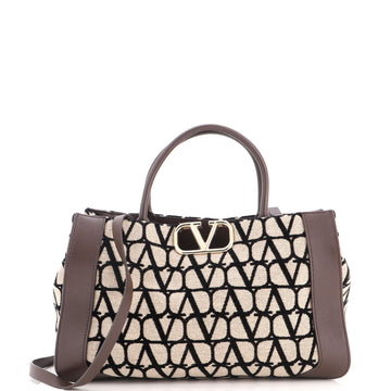 Valentino Garavani VLogo Shopper Tote Toile Iconograph Fabric with Leather Small
