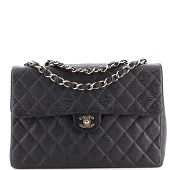 Chanel Vintage Square Classic Single Flap Bag Quilted Caviar Jumbo