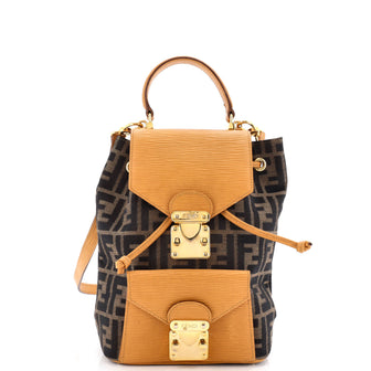 Fendi Vintage Drawstring Flap Backpack Zucca Canvas and Leather Small