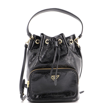 Prada Drawstring Pocket Bucket Bag Patent Small
