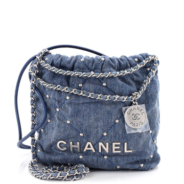 Chanel 22 Chain Hobo Quilted Studded Denim Mini