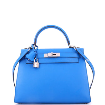 Hermes Kelly Handbag Blue Epsom with Palladium Hardware 28