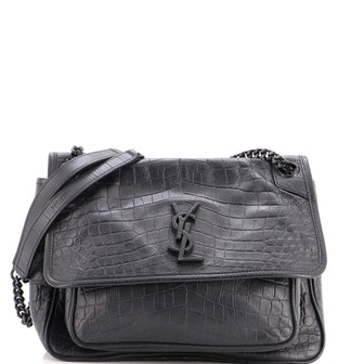 Saint Laurent Niki Chain Flap Bag Crocodile Embossed Leather Medium