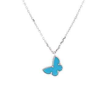 Van Cleef & Arpels Sweet Alhambra Butterfly Pendant Necklace 18K White Gold with Turquoise