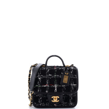 Chanel School Memory Top Handle Flap Bag Quilted Tweed Mini