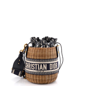 Christian Dior Drawstring Bucket Bag Wicker with Oblique Canvas
