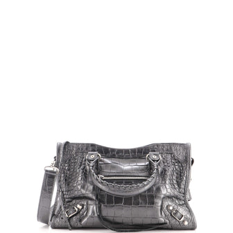 Balenciaga City Classic Studs Bag Crocodile Embossed Leather Small